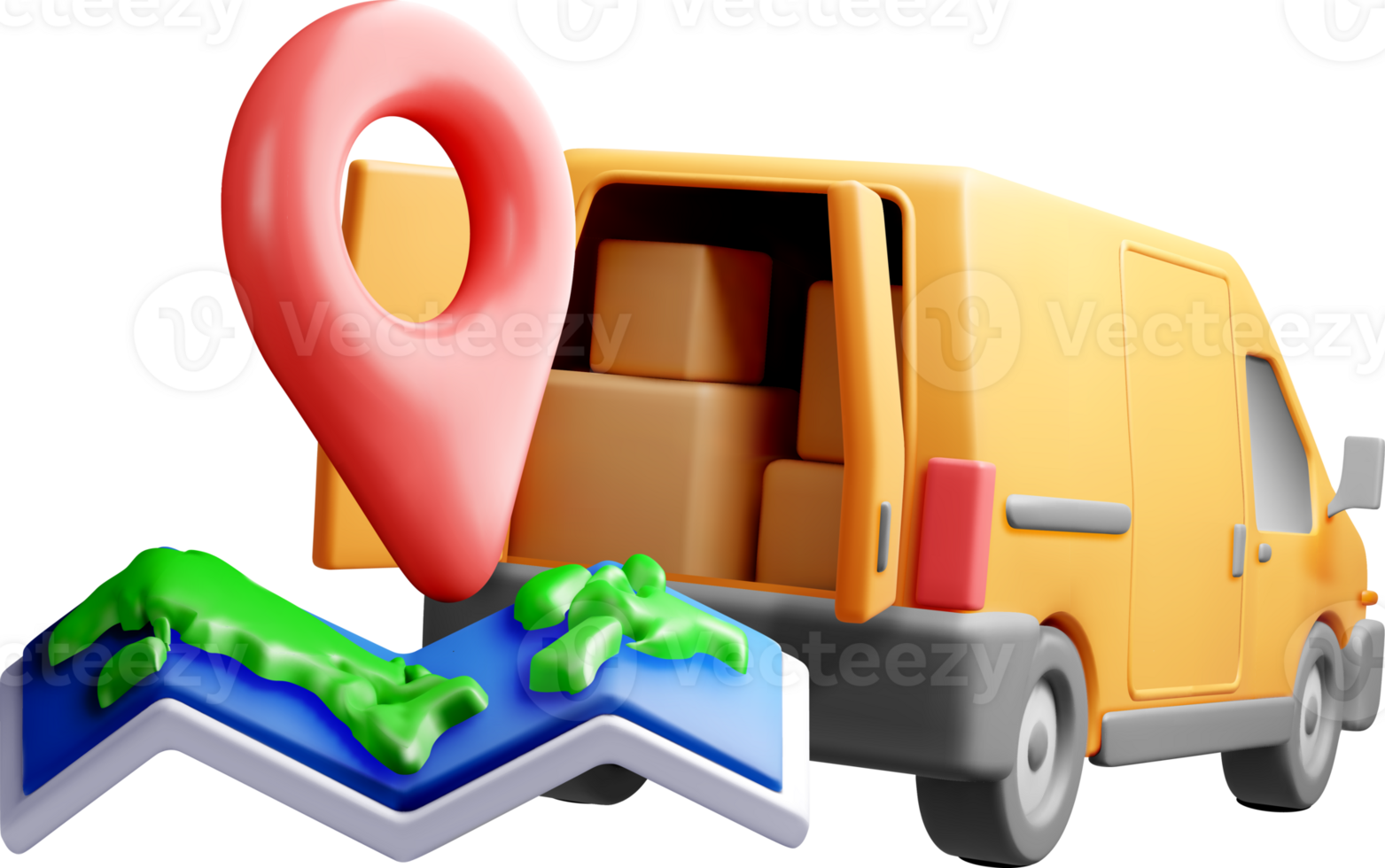 3D Delivery Van with Map and Location Pin. png