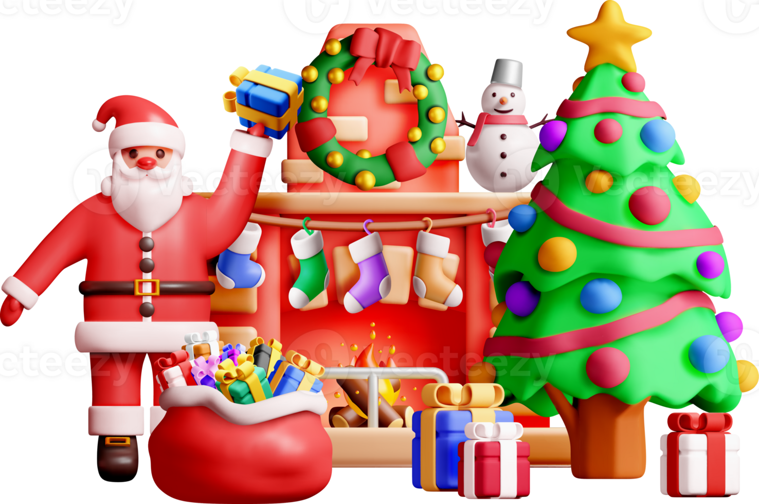 3D Christmas Scene with Santa and Decorations png