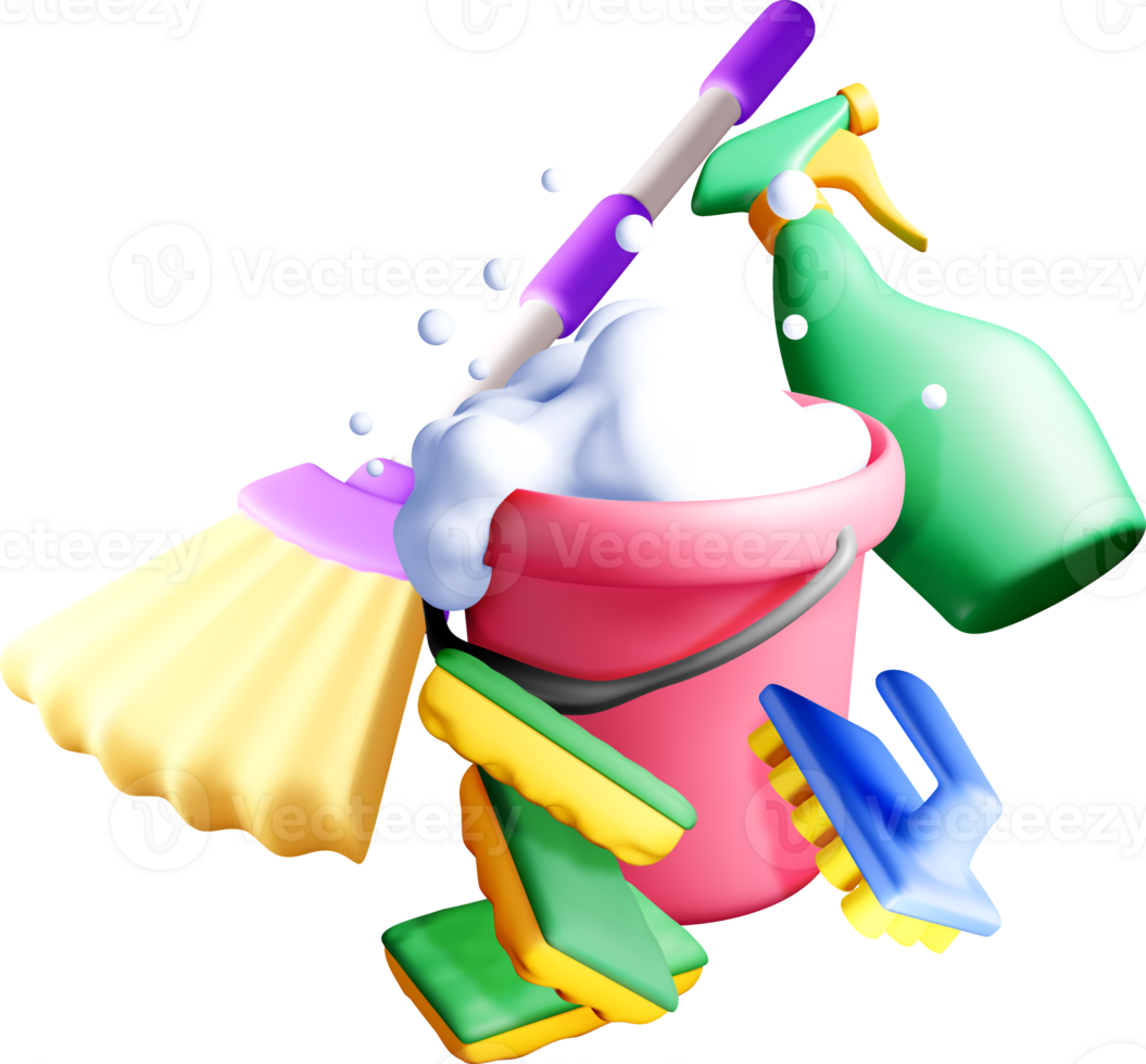 3D Cleaning Supplies with Bubbles and Tools png