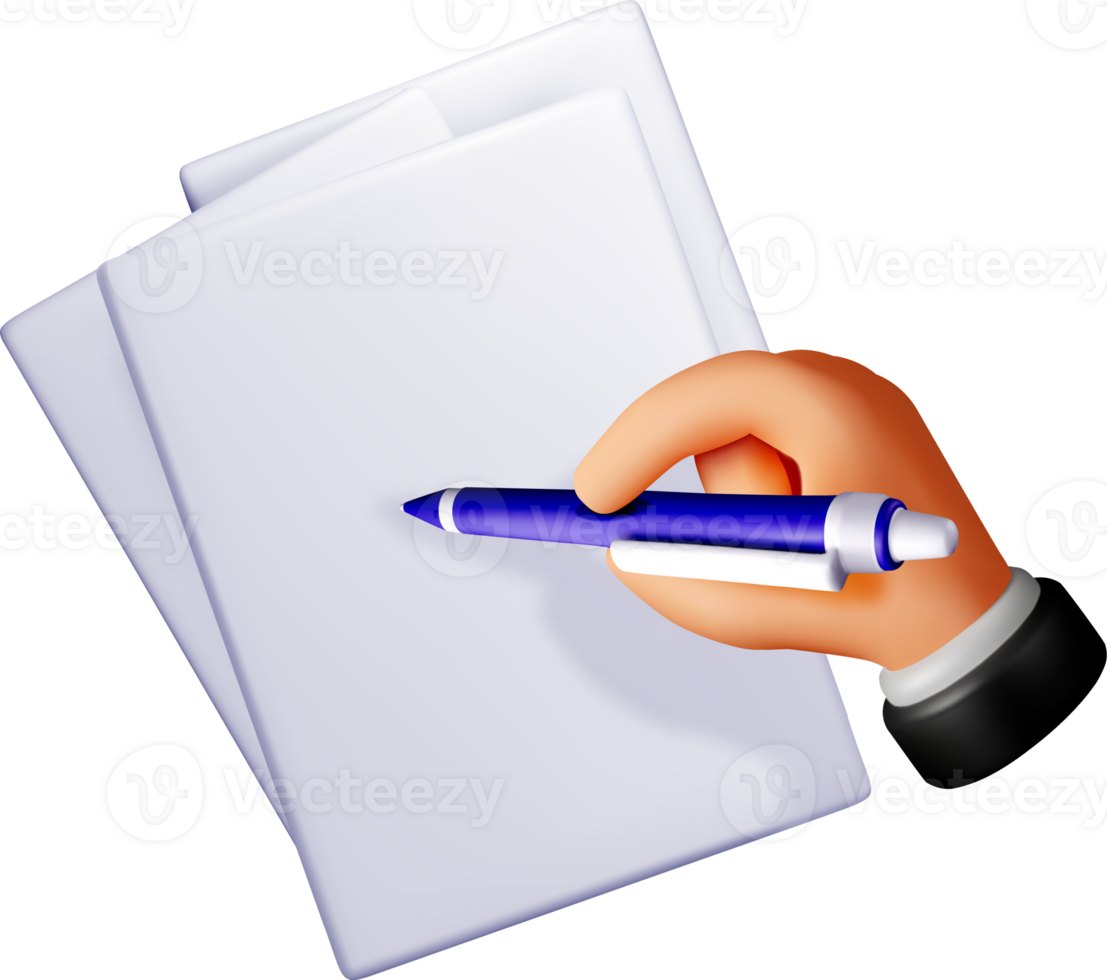 3D Hand Holding Pen Over Blank Papers png