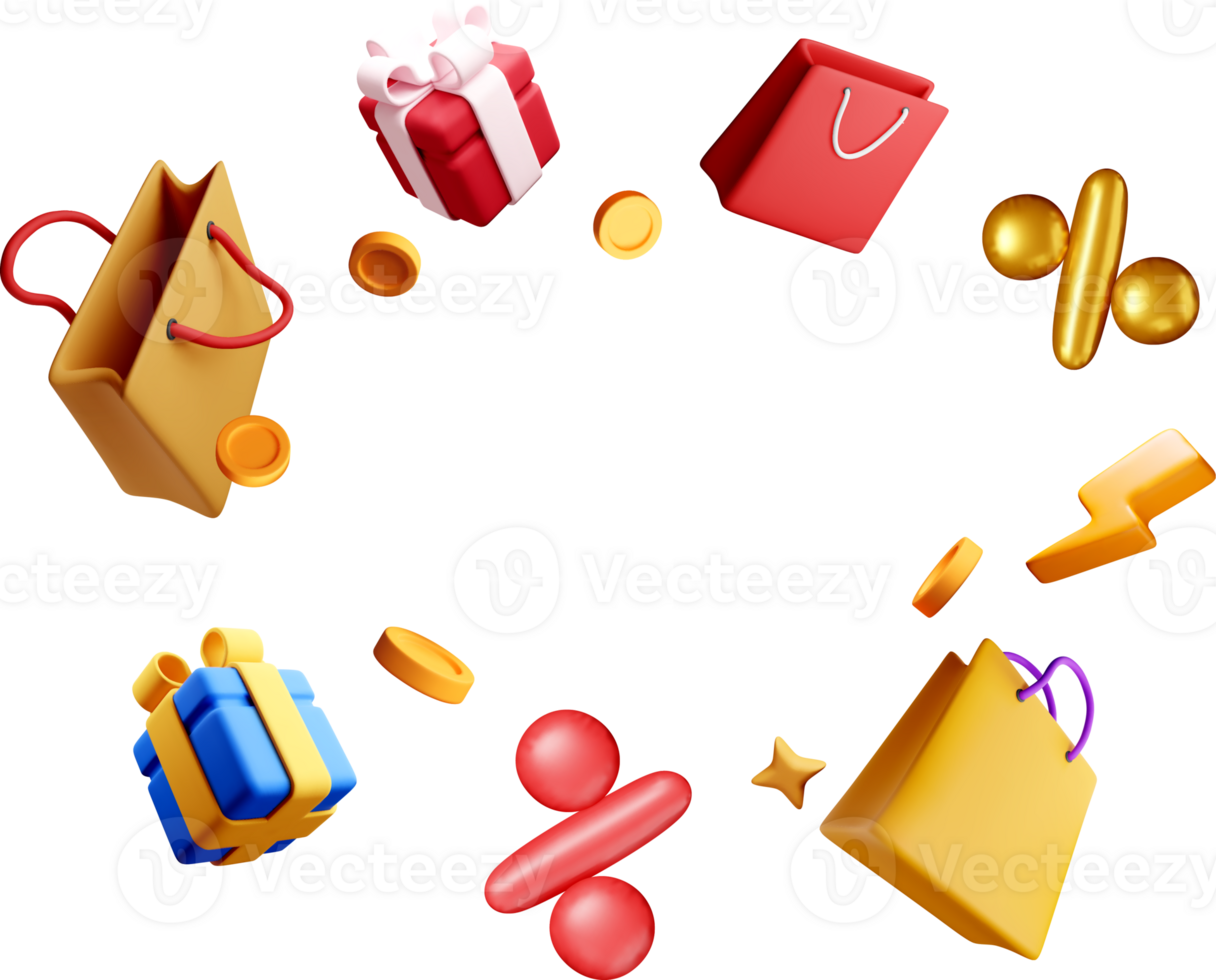 Colorful 3D Gifts and Coins Floating Around png