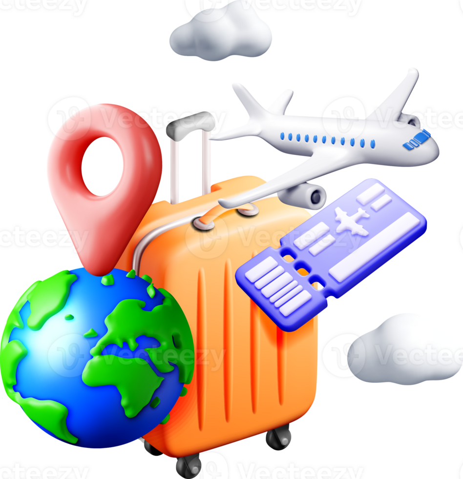 3D Travel Essentials Luggage and Airplane. png