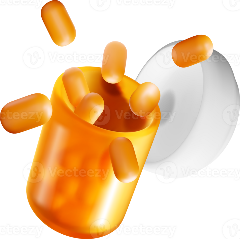 3D Orange Pill Bottle with Capsules Spilling Out png