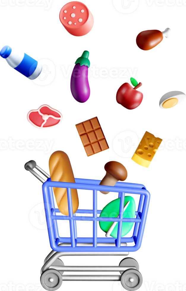 Colorful 3D Grocery Items in Shopping Cart. png