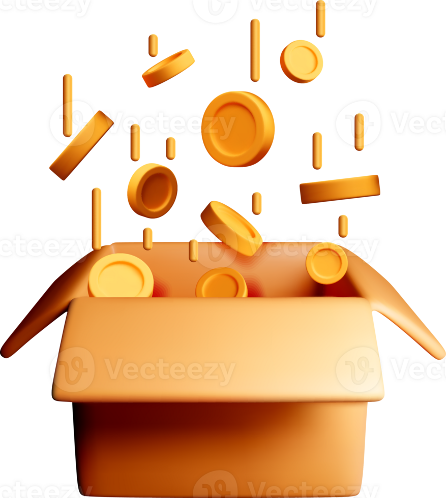 3D Box Overflowing with Colorful Coins png