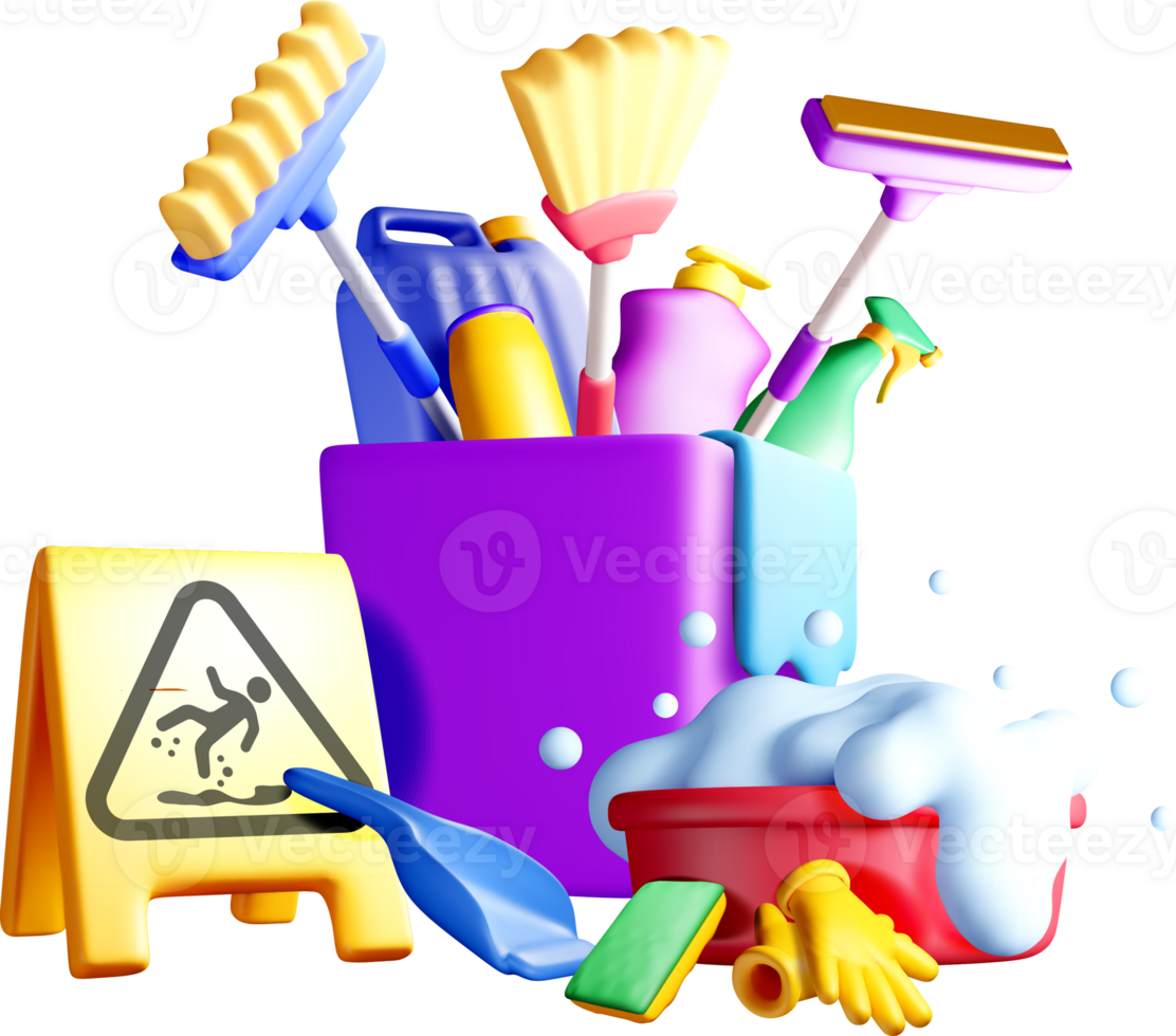 Colorful 3D Cleaning Supplies and Caution Sign. png