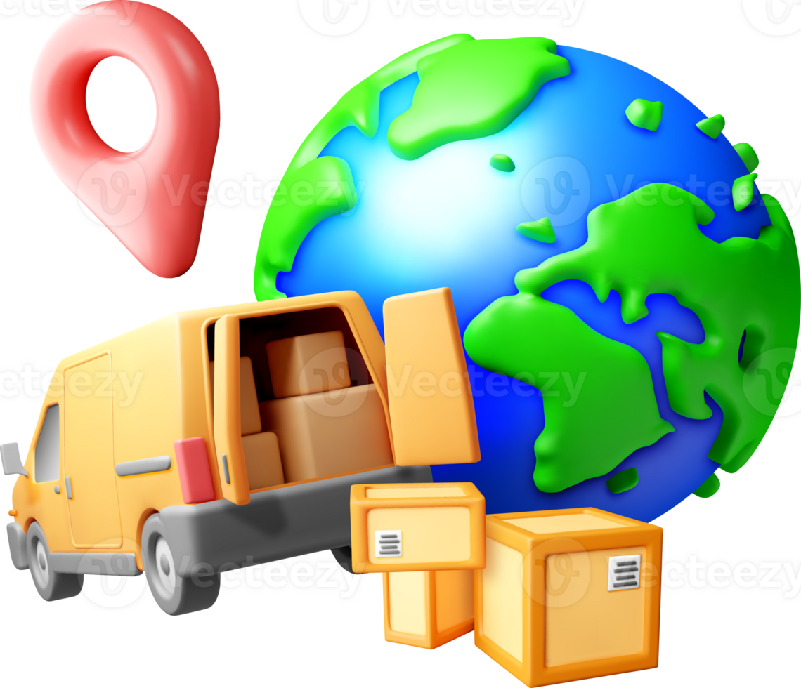 3D Delivery Van with Earth and Location Icon png