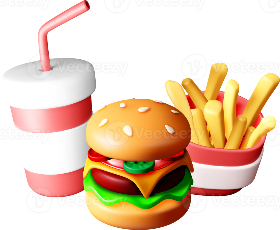 3D Fast Food Set Burger, Fries, and Drink png