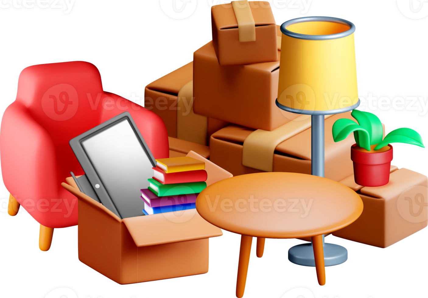 3D Render of Home Furnishings and Boxes png