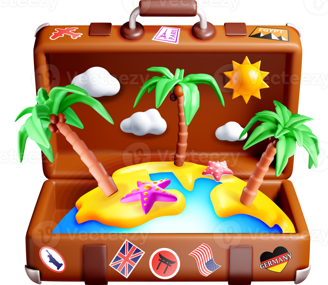 Colorful 3D Travel Suitcase with Tropical Scene png