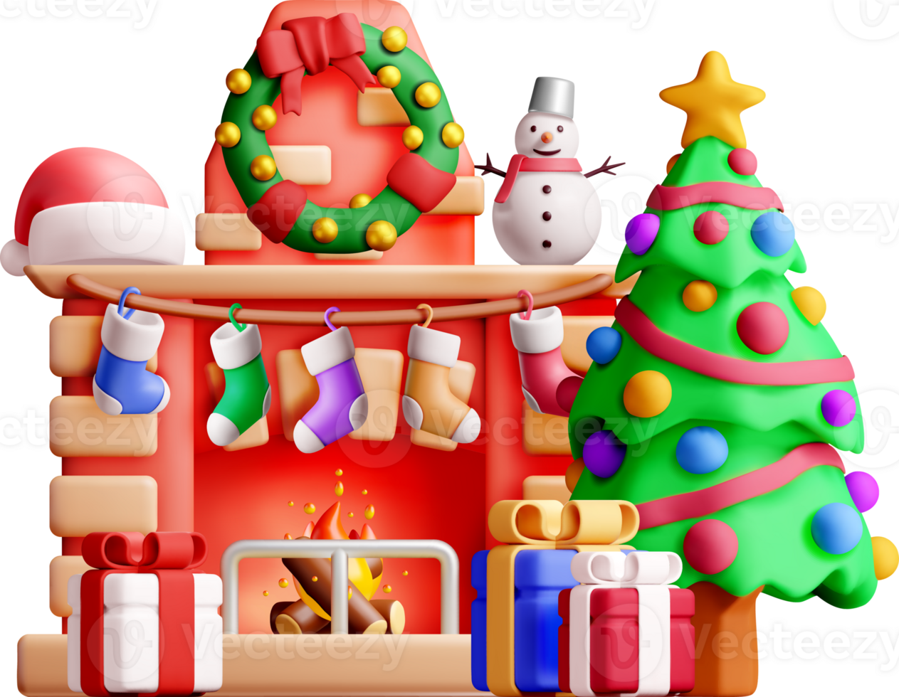 Festive 3D Christmas Scene with Decorated Tree png