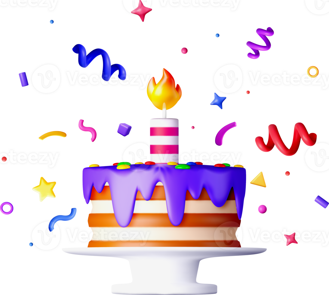 Colorful 3D Birthday Cake with Festive Decor png