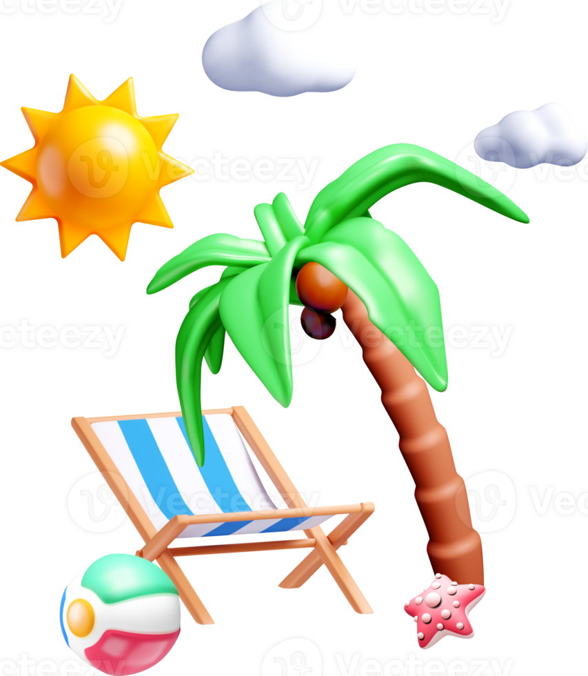 Colorful 3D Beach Scene with Palm Tree and Chair png