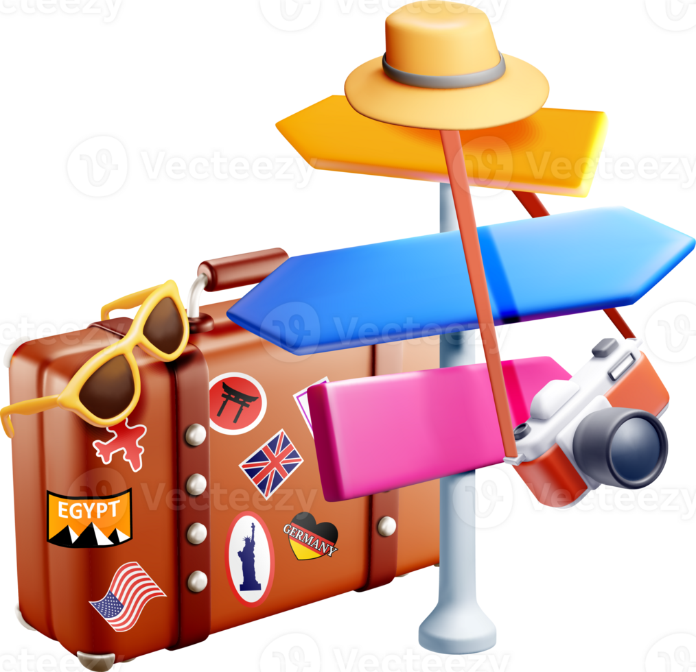 Colorful 3D Travel Gear and Directional Signage png