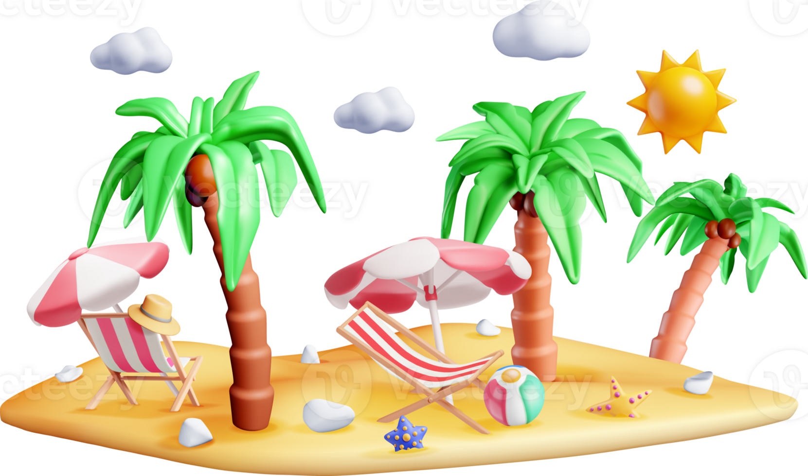 3D Tropical Beach Scene with Palm Trees png