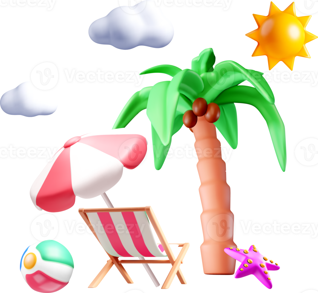 Colorful 3D Beach Scene with Palm Tree png