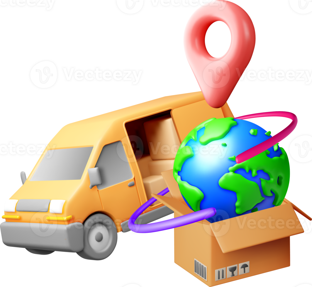 3D Delivery Van with Global Shipping Concept png