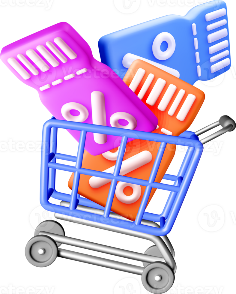 3D Shopping Cart with Discount Tags png