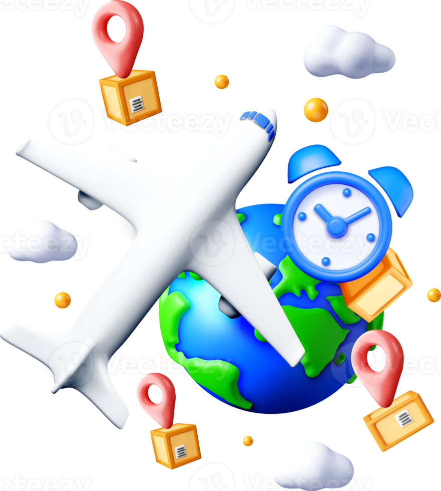 3D Airplane with Clock and Delivery Boxes png