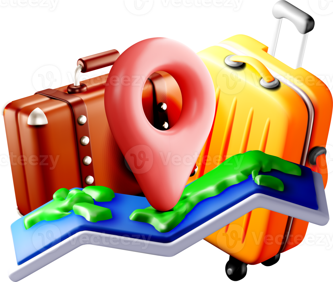 3D Travel Accessories with Luggage and Map png