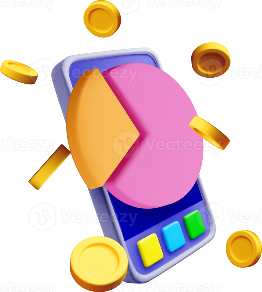 3D Mobile Phone with Pie Chart and Coins png