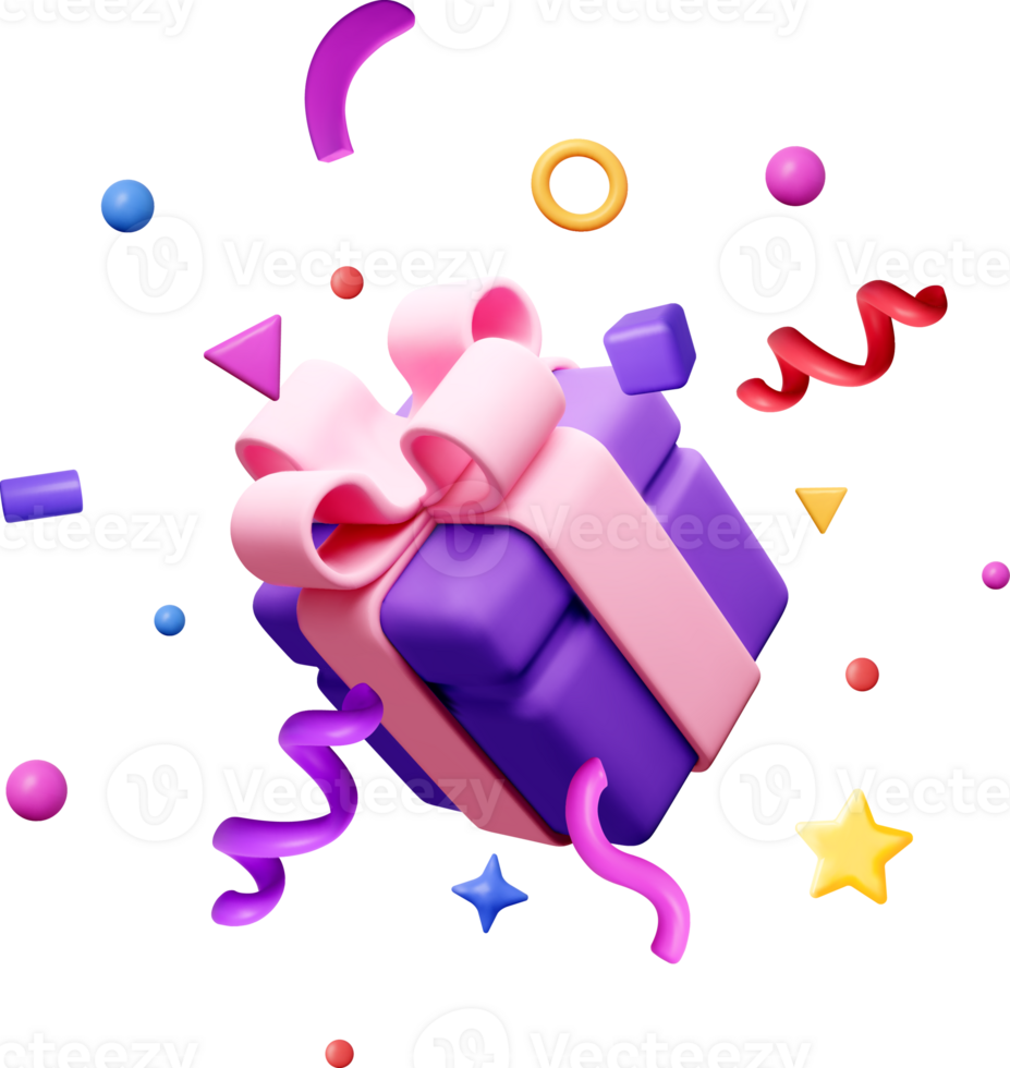 Colorful 3D Gift Box Surrounded by Festive Shapes png