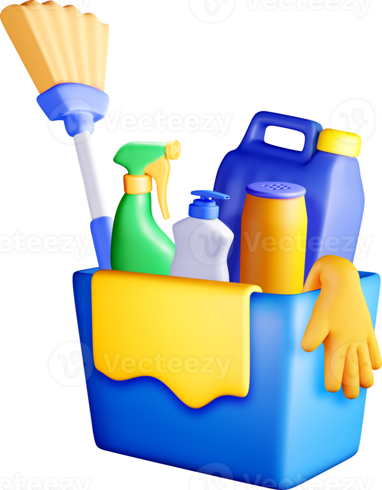 Colorful 3D Cleaning Supplies in a Bucket. png