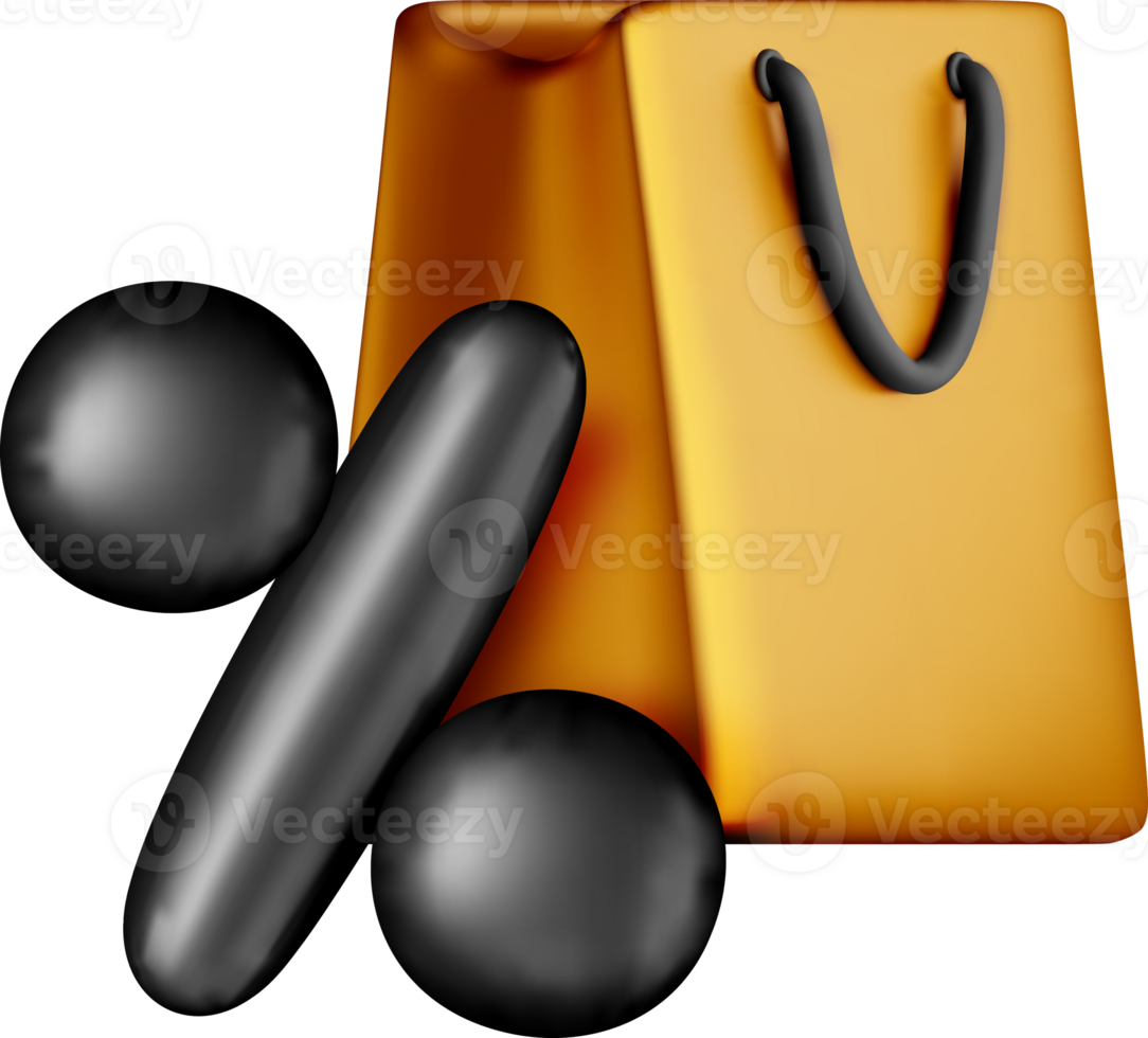 3D Shopping Bag with Black Elements and Percent Sign png