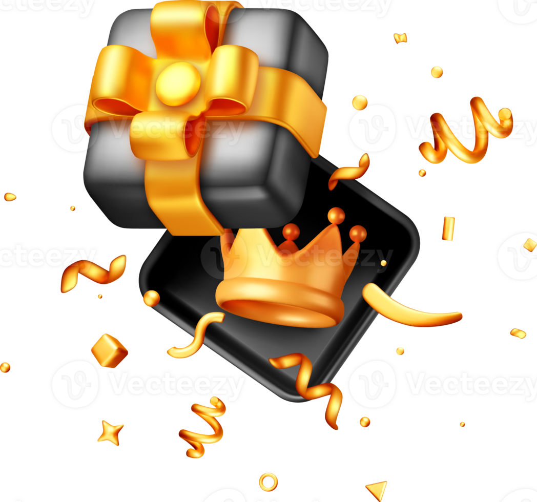 3D Gift Box with Crown and Festive Elements png