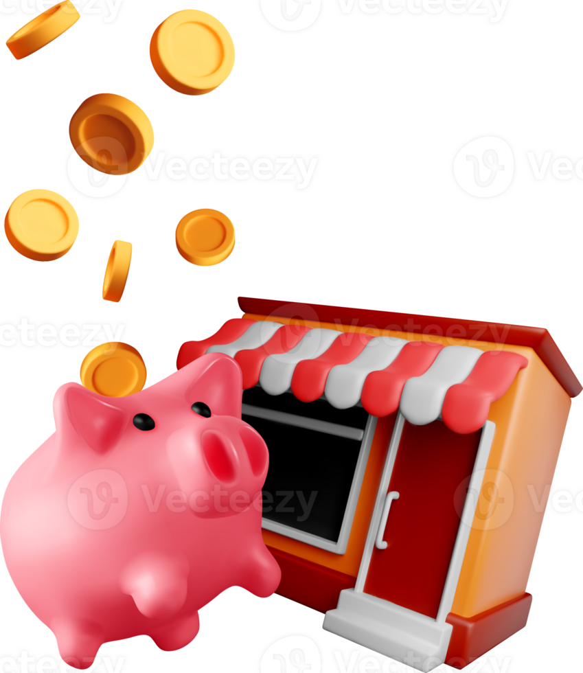 3D Piggy Bank with Coins and Shopfront Design png