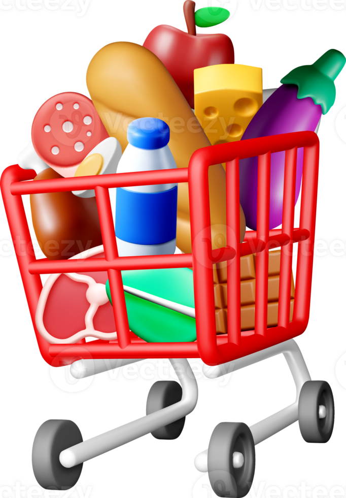 Colorful 3D Grocery Cart Filled with Food Items png