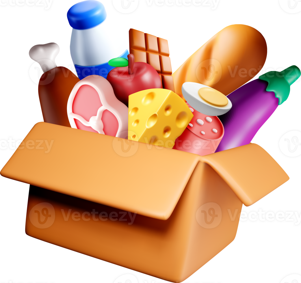 3D Carton Filled with Assorted Food Items png