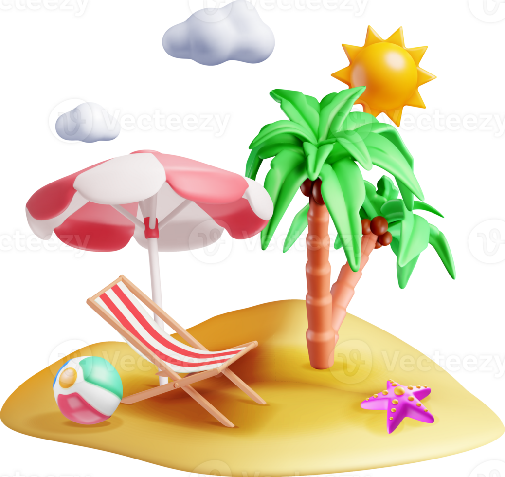 Colorful 3D Beach Scene with Palm Trees png