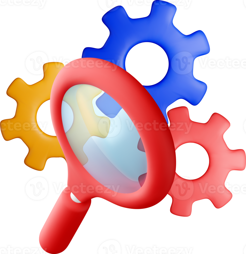 3D Magnifying Glass with Gears Concept Design png