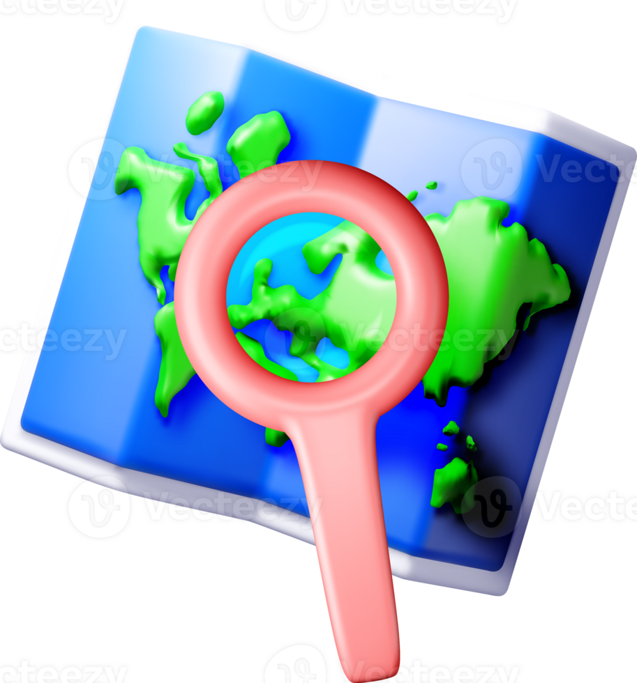 3D Map with Magnifying Glass Illustration png