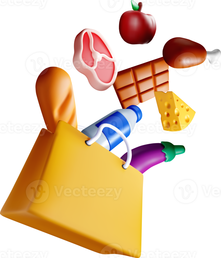 3D Shopping Bag with Food Items and Groceries png