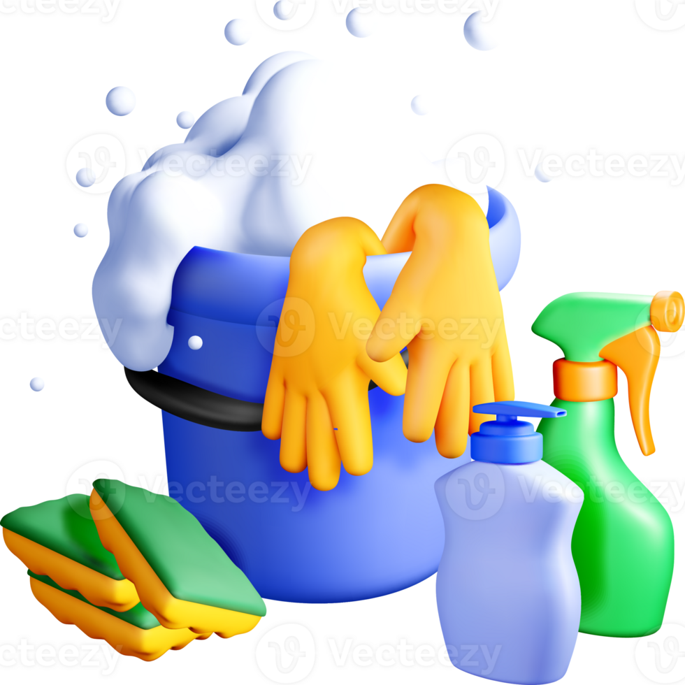 3D Cleaning Tools with Soapy Bucket and Gloves png