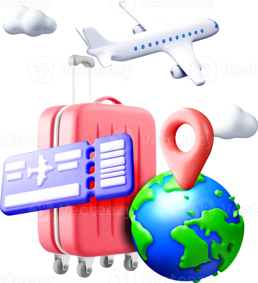 3D Travel Essentials Bag, Ticket, and Globe. png
