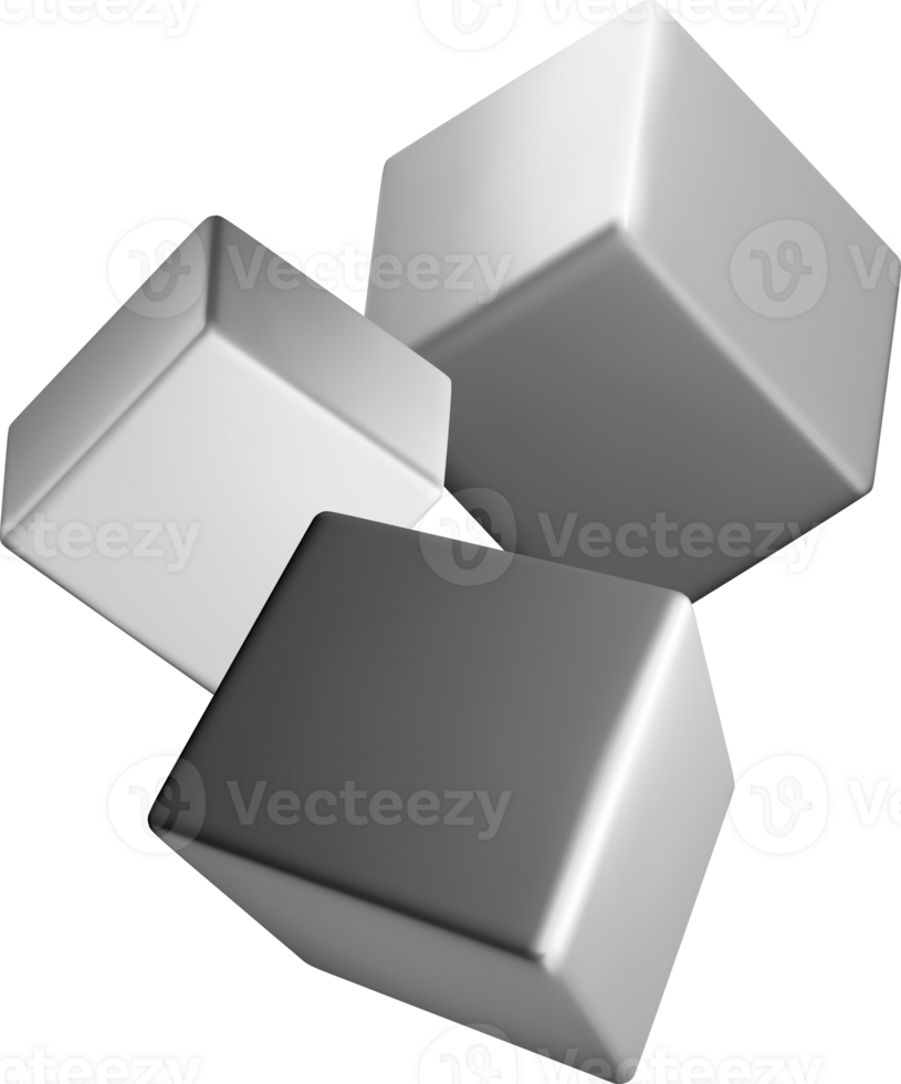 Three Floating 3D Cubes with Reflective Surfaces png