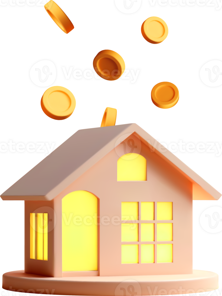 3D House Model with Falling Coins Animation png