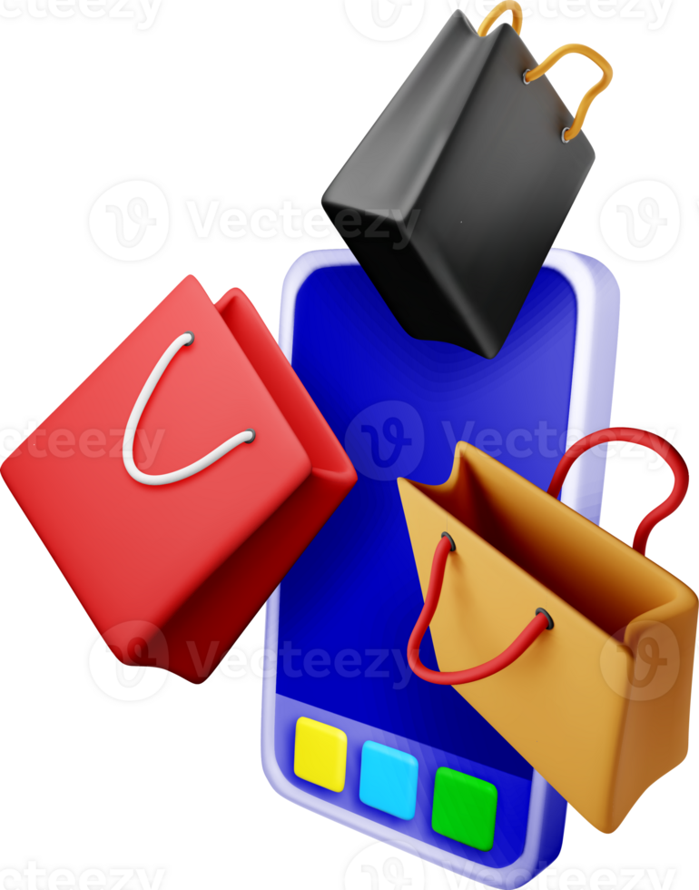 3D Shopping Bags Floating Above Smartphone Screen png