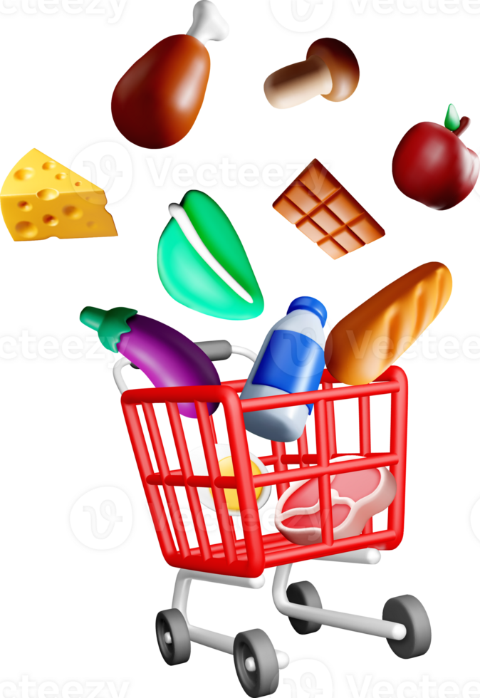 3D Shopping Cart Filled with Various Foods png