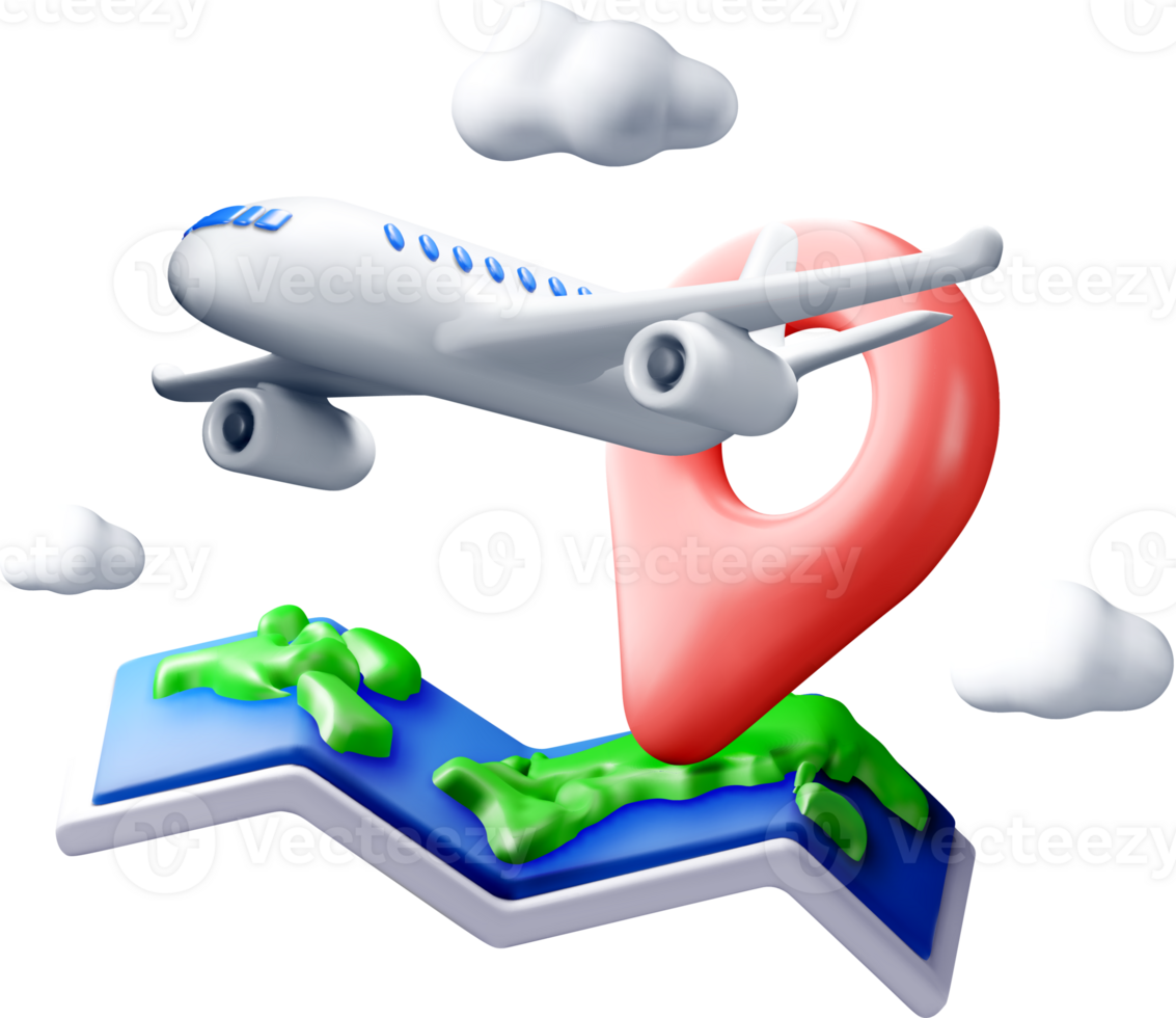 3D Airplane with Route Marker and Clouds png