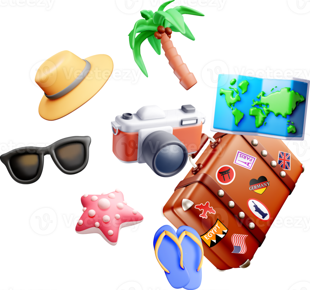 Colorful 3D Travel Items for Vacation Fun png
