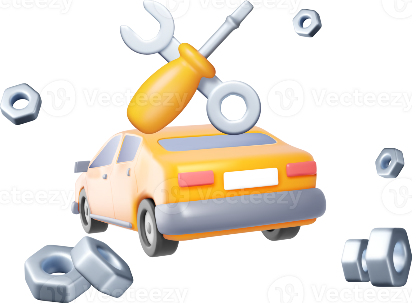 3D Orange Car with Tools and Nuts Graphic png