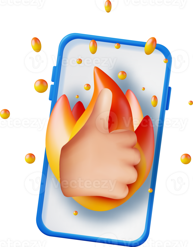 3D Smartphone with Fire and Thumbs Up Icon png