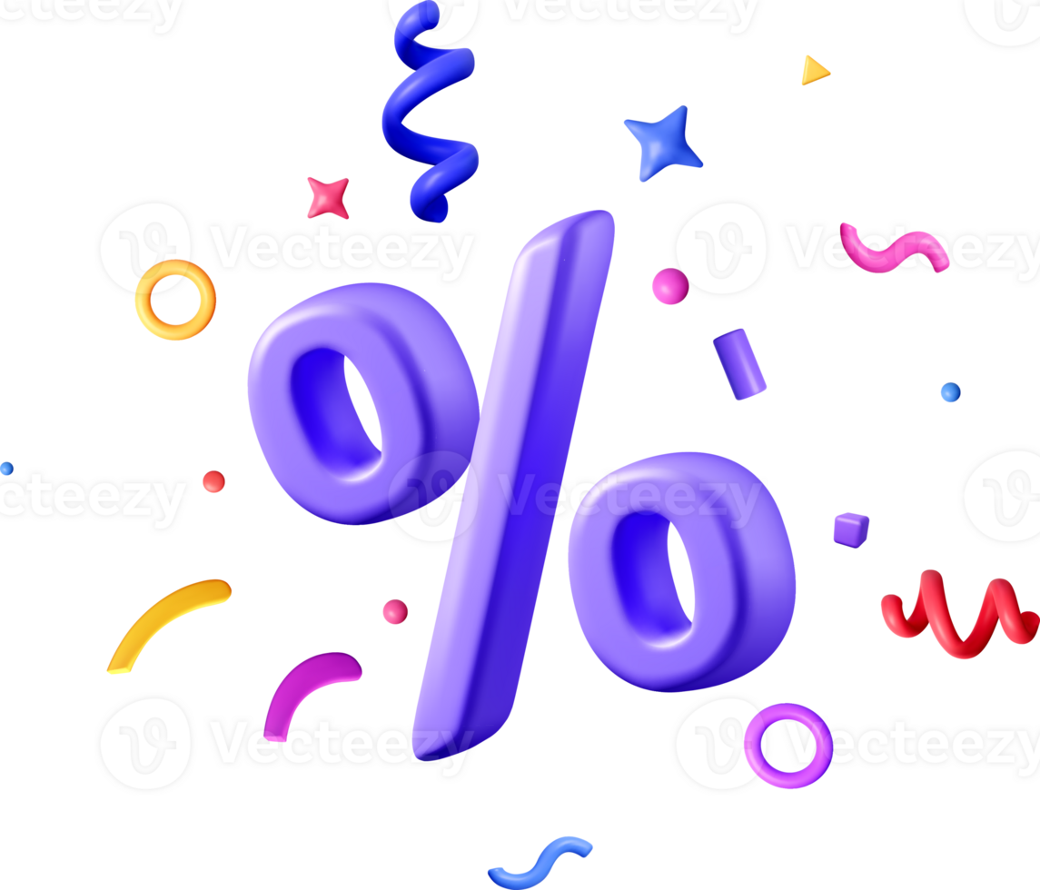 Colorful 3D Percentage Symbol with Confetti png
