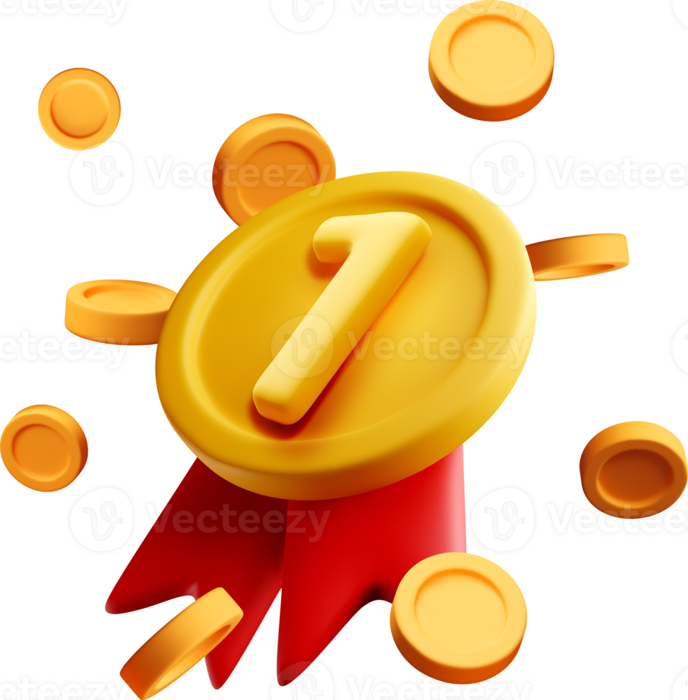 3D Golden Medal with Red Ribbon and Coins png