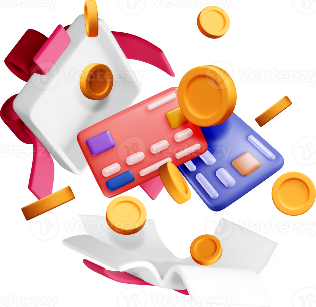 3D Payment Cards and Coins in Dynamic Arrangement png