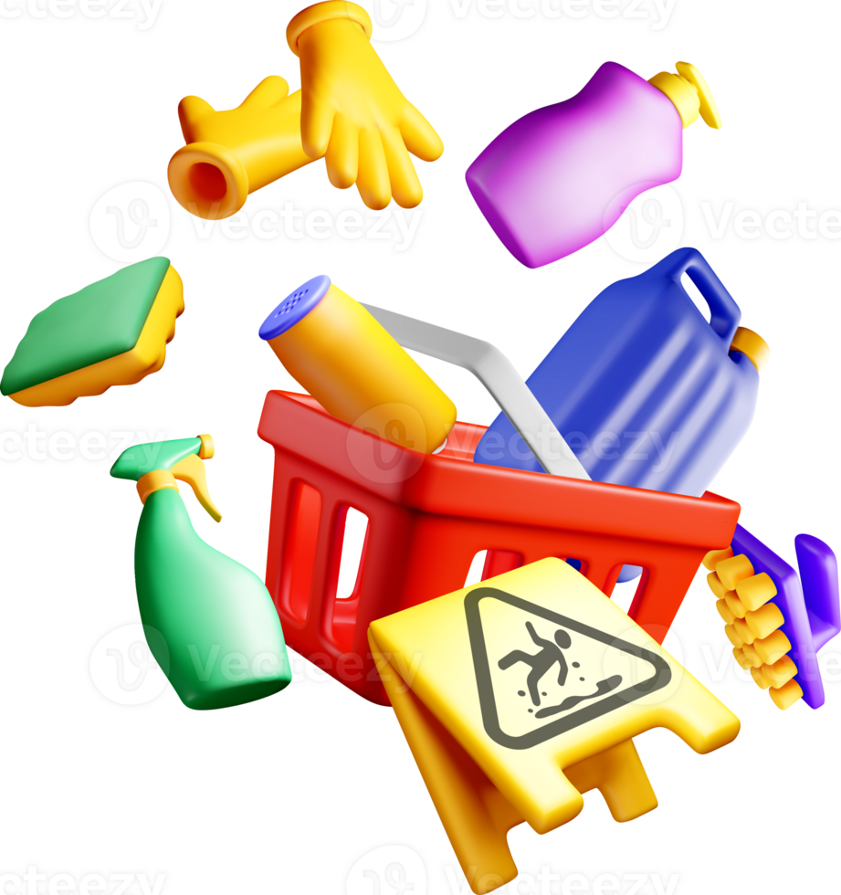 Colorful 3D Cleaning Supplies Falling Basket png